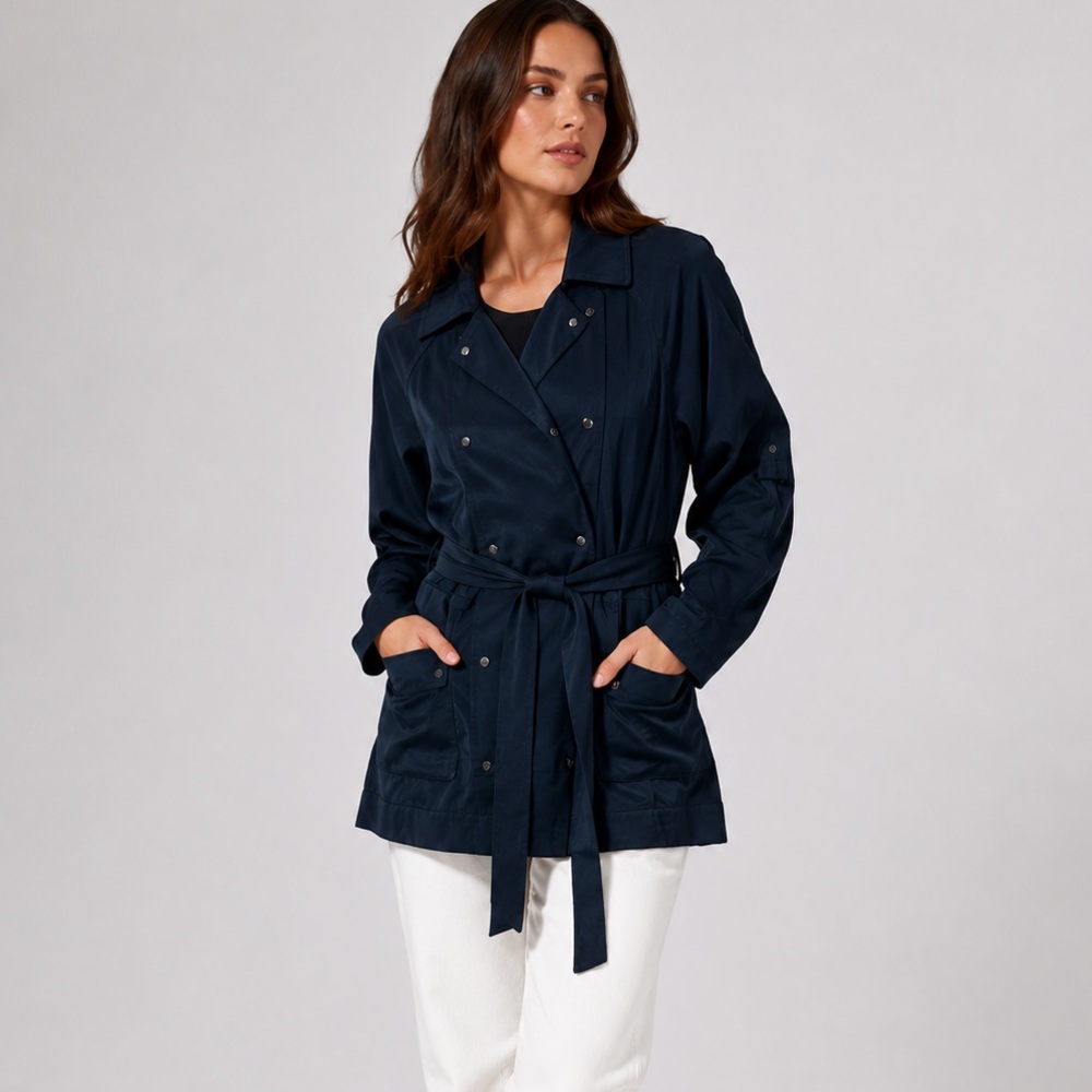 NWT Vince Camuto Double Breasted Navy Trench Coat Belted Women's Sz XL‎